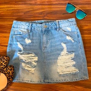 High Waist Jean Skirt w/ shredded front detail